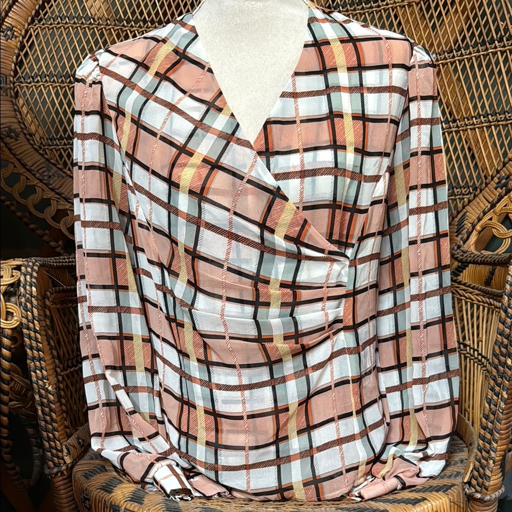 CAbi White and Pink Relaxed Wrap Blouse with Notched Collar